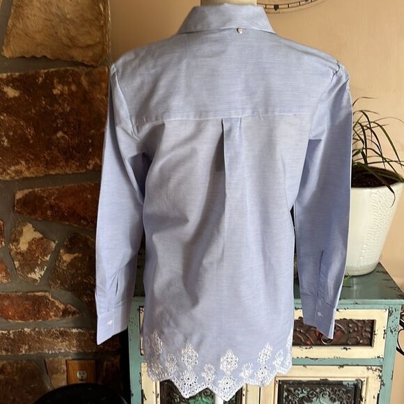 AMANDA Green Women’s Blue And White Striped Long Sleeve Button Up Top Size Small - Picture 9 of 16